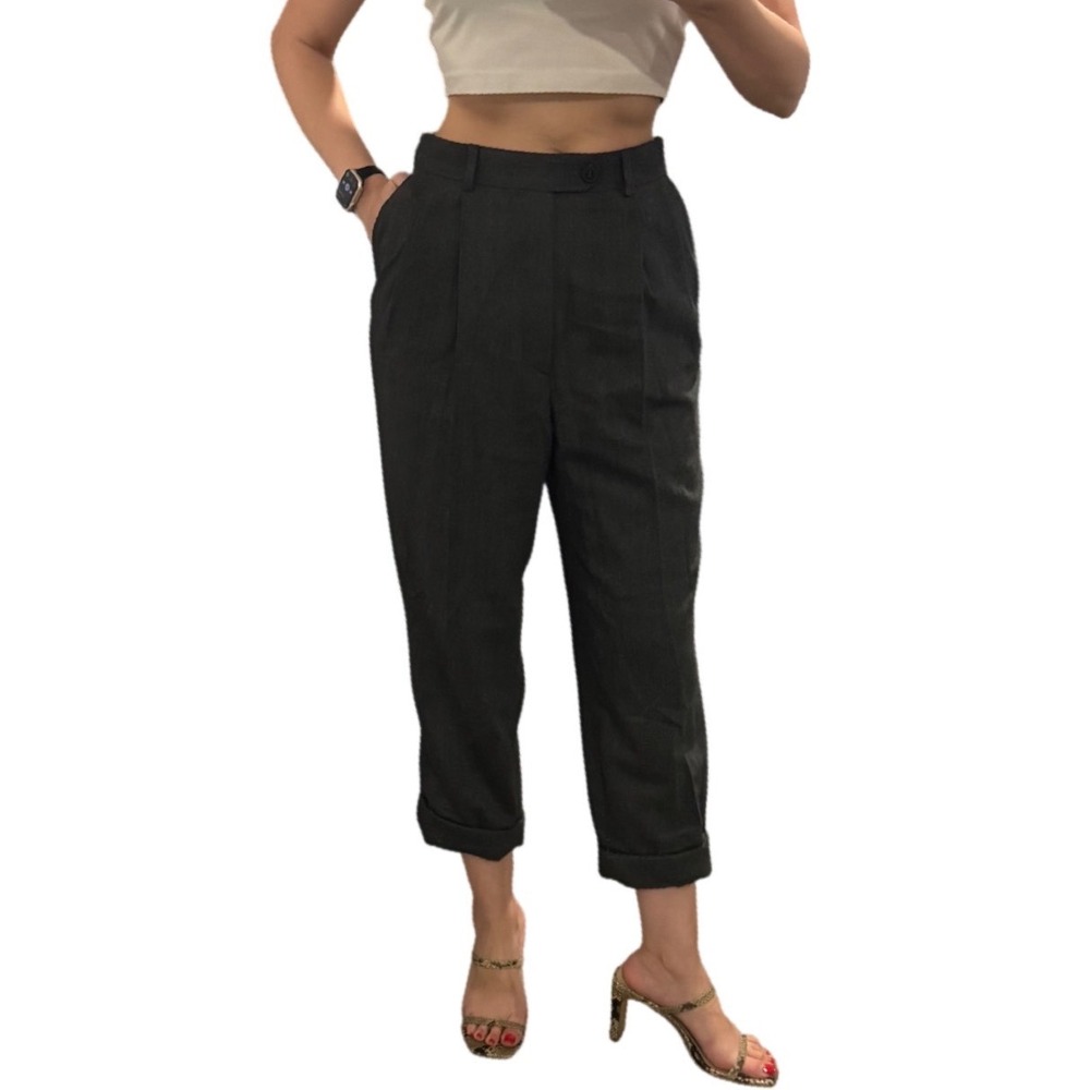 Vintage Wool Cuffed Pleated Trousers High Waisted Cropped Slouchy Dark Grey Sz S - Picture 4 of 5